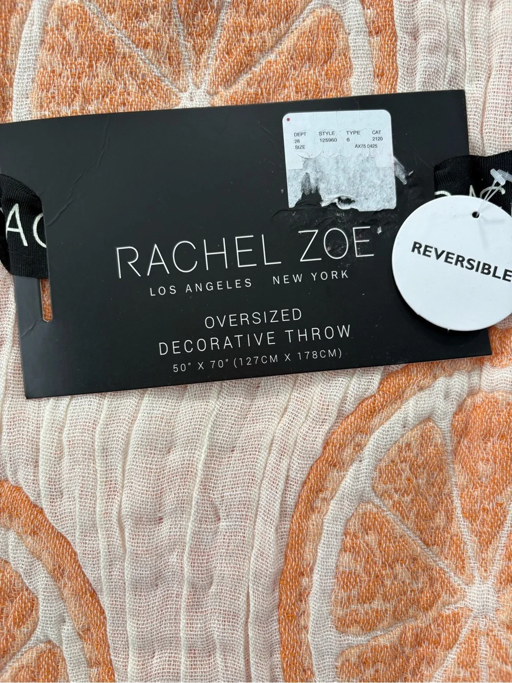 NWT Rachel Zoe Cream & Orange Citrus Decorative Throw - reversible